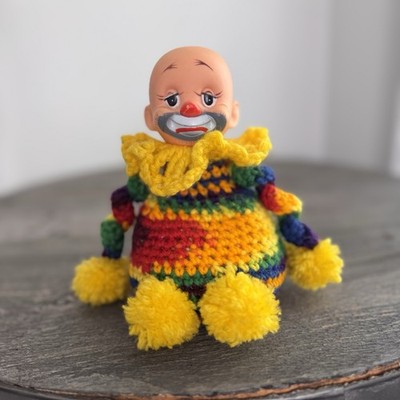 Vintage Sad Clown Crochet Pom Pom Doll Rainbow 6'' Mid Century Handmade Folk Art