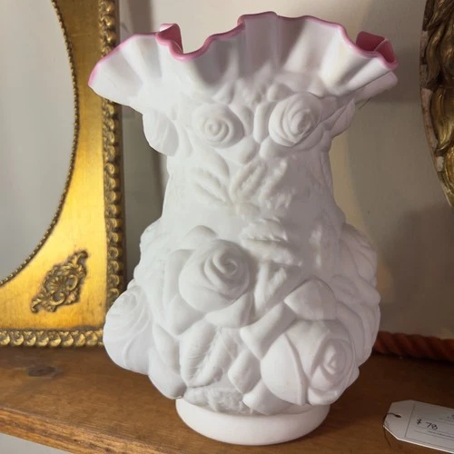 1950’s FENTON L.G. Wright 8" Embossed Puffy Rose White Glass Overlay Satin Vase