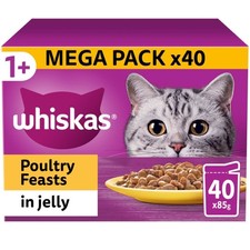 40 x 85g Whiskas 1+ Poultry Feasts Mixed Adult Wet Cat Food Pouches in Jelly 4.87 per kilo