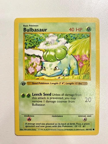 Bulbasaur 44/102 1st Edition Shadowless Base Set Regular MP - Pokemon Card