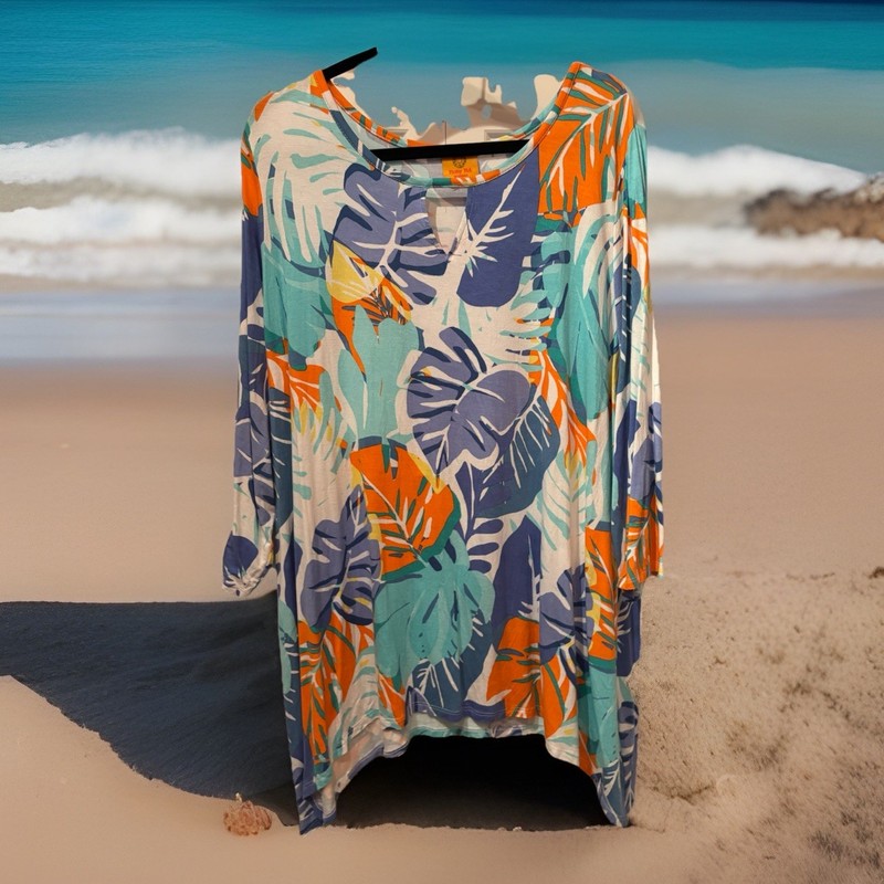 Woman’s Plus Long Multicolored Top Palm Leaves Shark Bite Tunic Size 2X Cute!