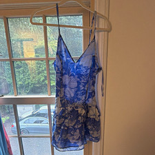 LoveShackFancy Chiffon Floral Chemise Slip Blue/White S Adjustable Straps