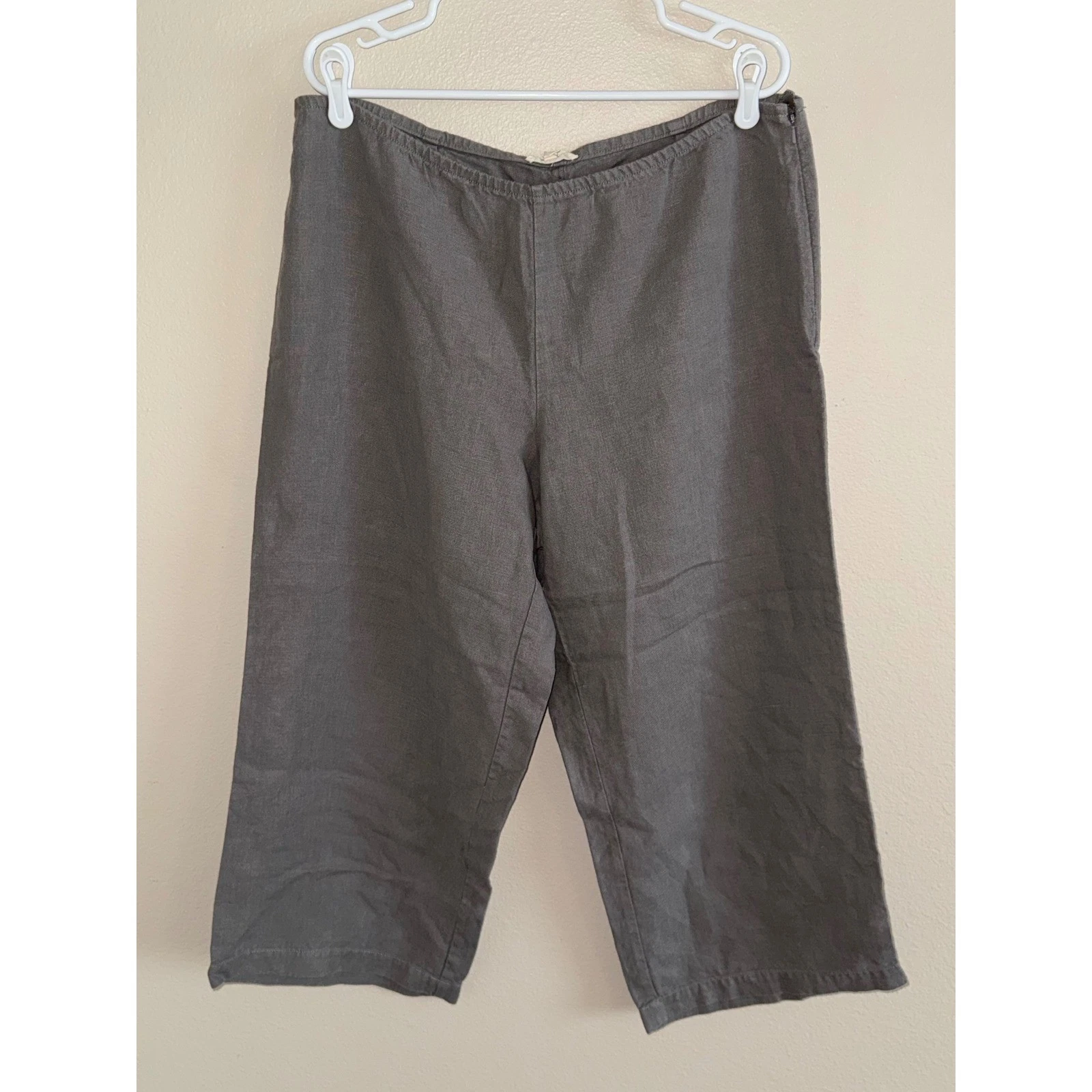 Eileen Fisher 100% Linen Wide Leg Crop Pants Grey Brown Side Zip Womens Large