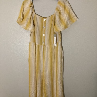 Jumpsuit Woman s Sz M Mustard Cream Stripes Wide Leg Cottage Boho Linen Easter