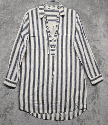 Madewell Dress Womens Sz Medium Linen Cotton Striped Lace Up Tunic | eBay