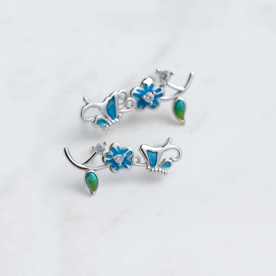 Argento Sterling Zirconi Fiore Blu Smalto Farfalla Polsino Scalatore Padiglione - Immagine 4 di 4