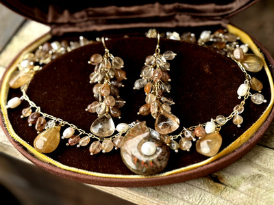 Set Ohrringe Kette Ammoniten Muscheln Fossilien Rutil-Quarz 925