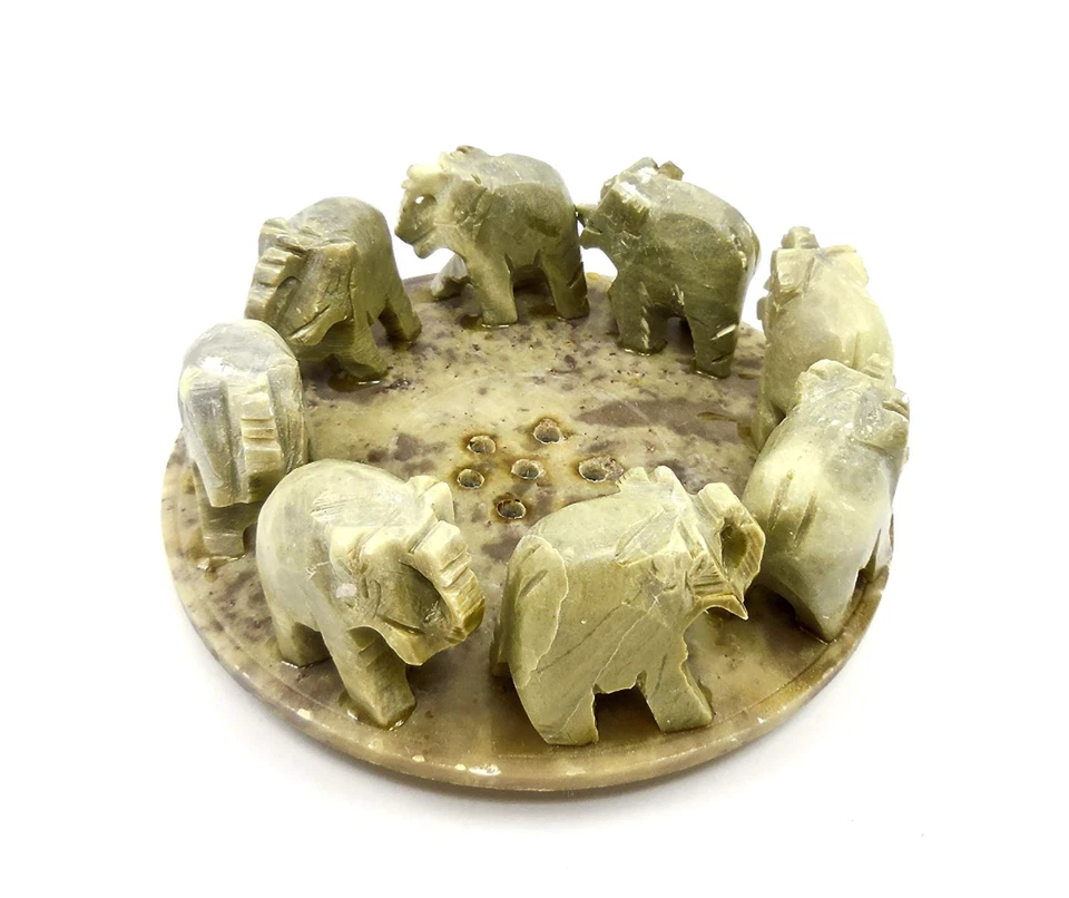 Suporte para incenso de elefante, mármore esculpido à mão, 8 elefantes em círculo - Imagem 2 de 4