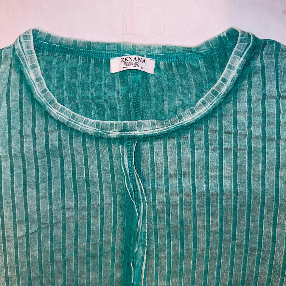 Camiseta ZENANA Desteñida Lavada 2X Acanalada Raglán Dolman Manga Barco Cuello Verde azulado Foto 2 de 4