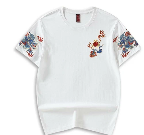 Verano Prendas para el torso Camisetas Cuello Redondo Bordado Dragón Hombres Camiseta Manga Corta Nuevo - Imagen 7 de 7