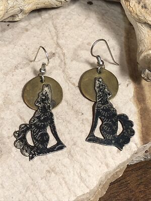 VT Southwest Sterling Silver & Brass Howling Wolf Moon Hook Dangle Earrings