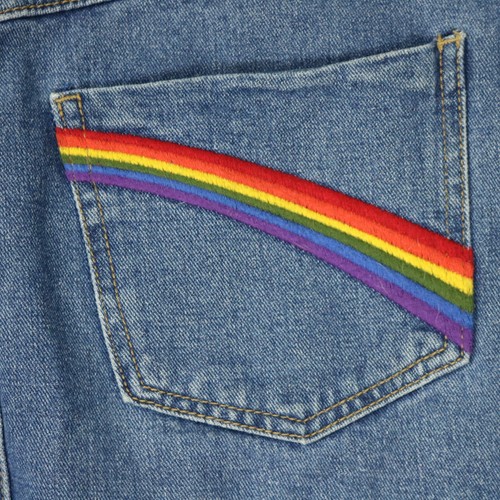 Forever 21 minigonna denim ricamata arcobaleno tasche posteriori bottoni mosca blu L - Foto 5 di 22