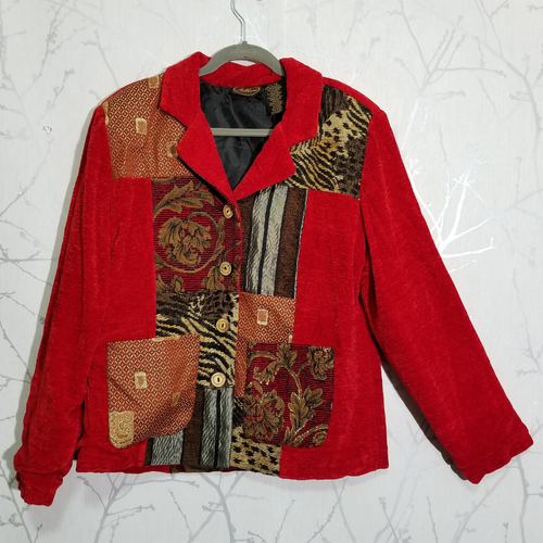 Allure Rojo Tela De Terciopelo mixtas Patchwork 4 botón Blazer Chaqueta |  Mujer XL | eBay