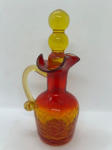 2 Vintage MCM Amberina Crackle Glass - Cruet w/ Double Bubble Stopper & Pitcher - Picture 2 of 13
