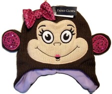 Faded Glory CRITTER HAT Kids One Size Knit Cap Monkey w Ears Novelty Outerwear