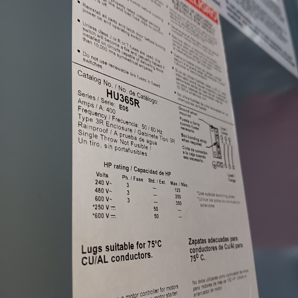SQUARE D HU365R 400 AMP SAFETY SWITCH DISCONNECT 3R 3 POLE NONFUSED