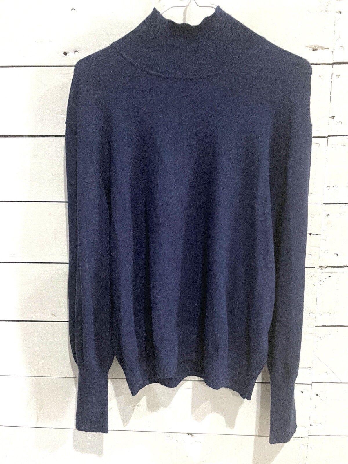 Free Assembly Women Sweater Large Navy Blue Cotton Mock Neck Sleeve Preppy Retro
