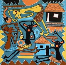 MAONGEZI YA JIONI - Dipinto acrilico su tavola 61x61cm George LILANGA quadro