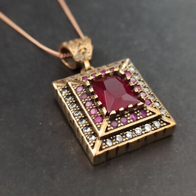Ruby Pendant Necklace Gold Plated 925 Silver Art Deco Revival