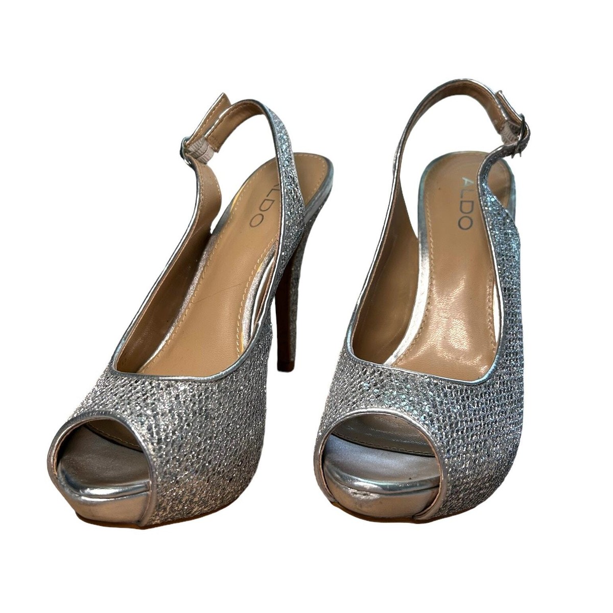 Aldo Sparkly Silver Platform Stiletto Slingback Heel Size 8