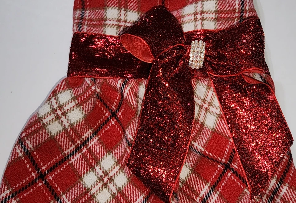 Yikeyo Sm Dog or Cat Christmas Dress Red and White Fleece Plaid w/ Red Bow NWT - Image 2 of 4