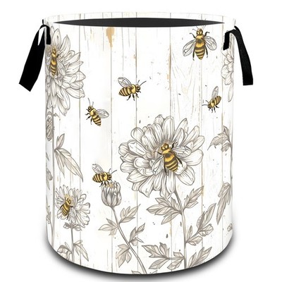 Bee Floral with Wood Laundry Basket, Dirty Collapsible Clothes Organizer Hamp...