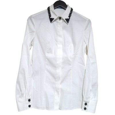 PRADA Beaded Collar 3D Cut Long Sleeve Stretch Shirt, Size 40 White Women USED