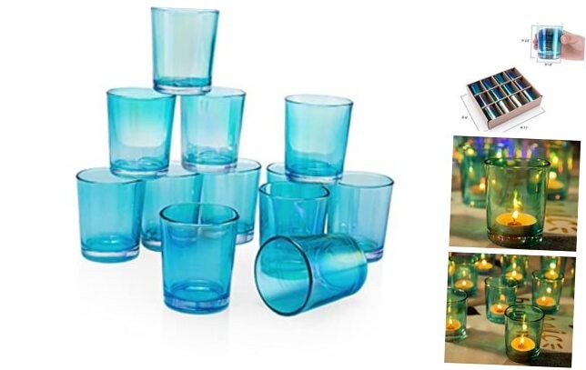 Tealight Candle Holder Set of 12 Pink Glass 2.6 Inch H Green Rainbow Design-image