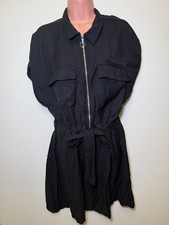 F&F Black Utility Shirt Dress UK 18 Zip Front Belted Short Sleeve
