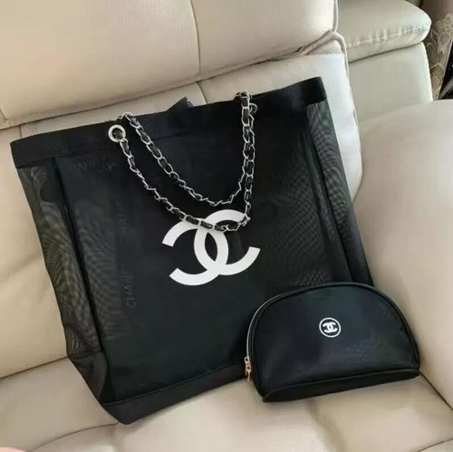 NEWCHANEL VIP GIFT Beauty Mesh Tote Bag Beach Pouch Bag Case Storage Black Silve - Zdjęcie 2 z 13