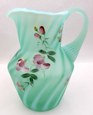 VINTAGE FENTON USA GREEN SATIN OPALESCENT SPIRAL OPTIC SIGNED L EVERSON PITCHER