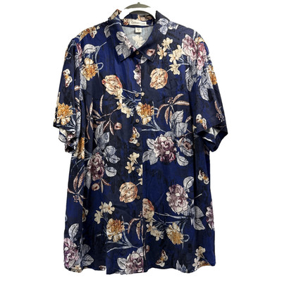 Coldwater Creek Womens Top Size 1X Blue Floral Short Sleeve Camp Shirt Button Up