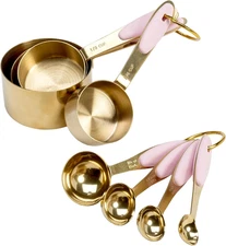 Measuring Cups and Spoons Set, Stainless Steel with Pink Silicone Inset Handle, 