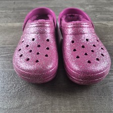 Crocs Classic Lined Glitter Clog K Girls Size J6 Sparkly Pink Slip On 207462-6SZ