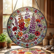 Personalized Birth Flower Suncatcher for Mom, Stained Glass Floral Decor, Custom