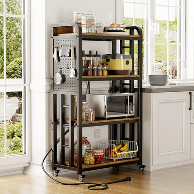 Kitchen Bakers Rack with Power Outlet Pegboard Storage Microwave Stand 4 Tier
