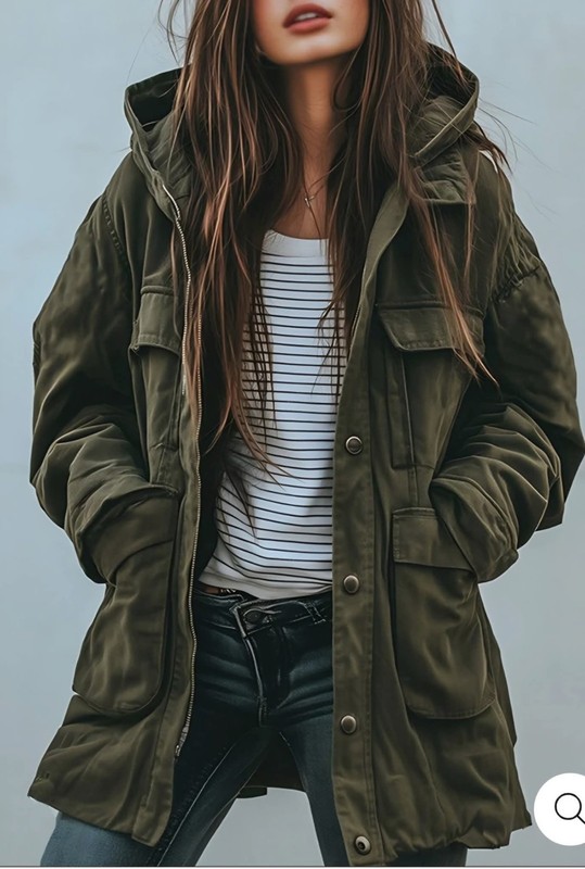 Vintage Hooded Casual Work Jacket Windproof Women's XL Green Multi- Pocket New