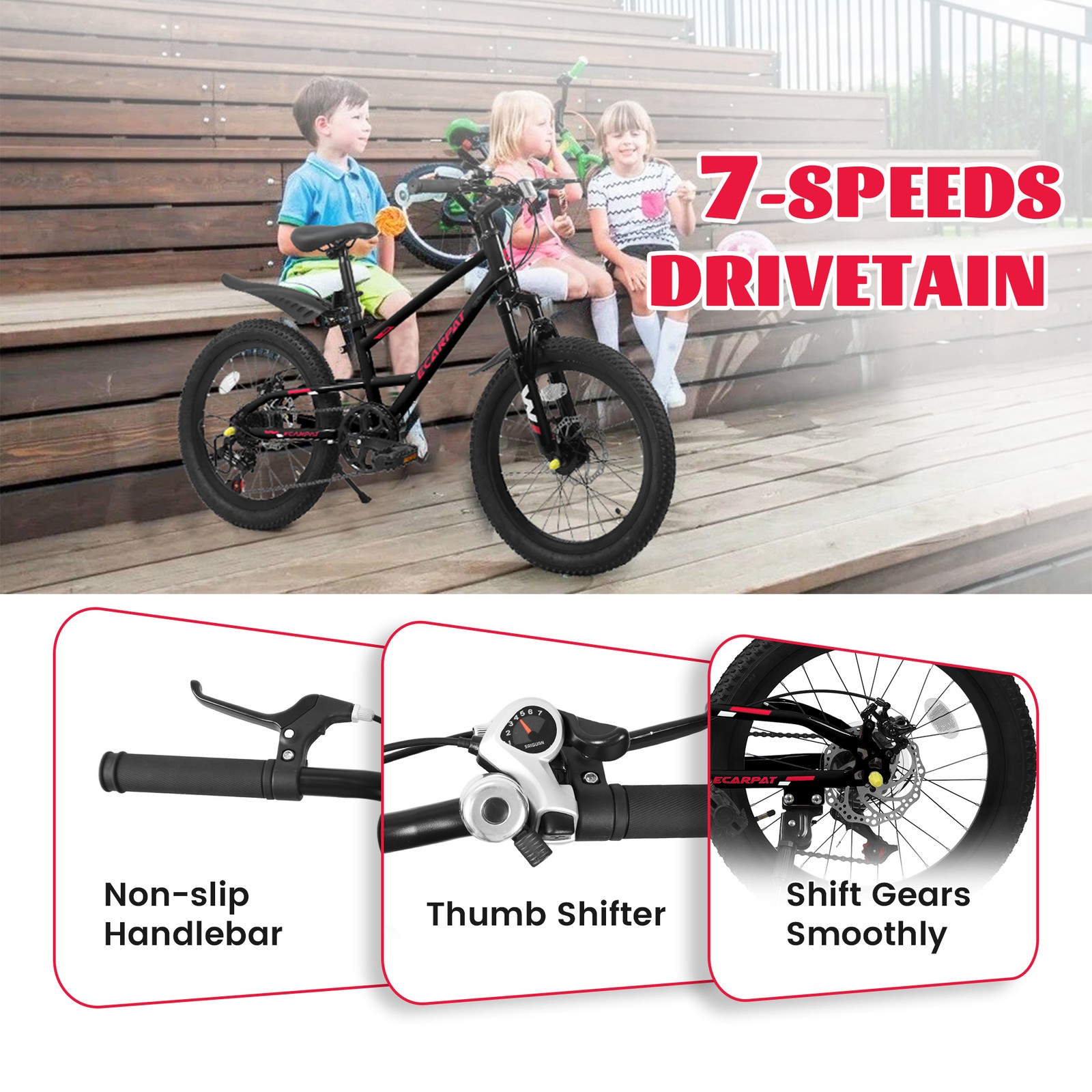 Mountain Kids Bike 20 in for Ages 6-12 7-Speed Bicycle w/ Front Suspension MTB