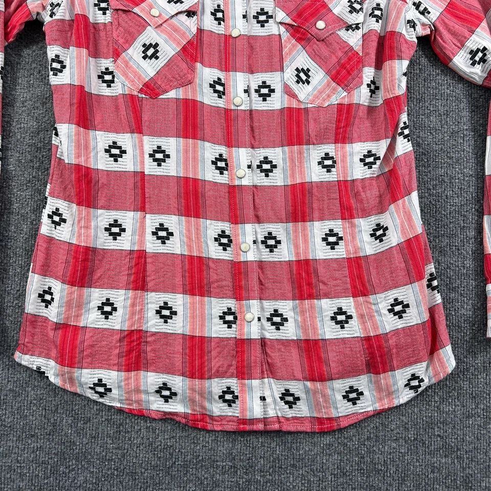 Camisa retro Wrangler para mujer grande roja a cuadros perla a presión azteca occidental manga larga Foto 2 de 4