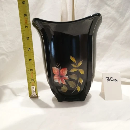 Fenton Black Art Glass  Square Shaped Vase. Hand-painted By S. Waters