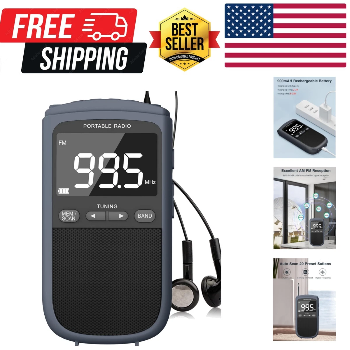 Vondior Portable AM/FM Pocket Radio, Battery-Operated, Long-Lasting, Best Reception, Compact Transistor Player, Red