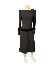 Vintage Carolina Herrera Black Wool Dress Velvet Cuffs And Drop Waist Trim 8