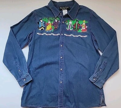 Christopher Radko Bellepointe Button Down Denim Shirt SANTAS Around World SzMed