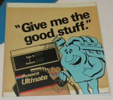 VINTAGE 1991 AMOCO ULTIMATE GAS PUMP SIGN! VINYL! 2-SIDED! THE GOOD STUFF 12x11"