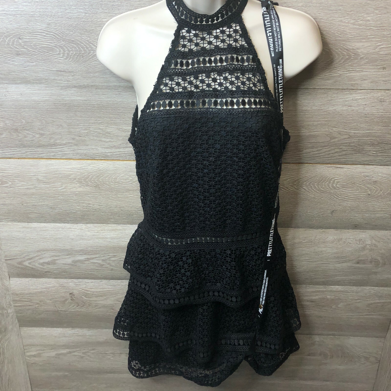 black lace panel tiered mini dress