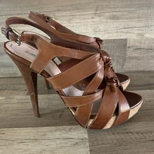 miu miu women's Leather Heels Pump Strappy Sandals Sz 38.5 Brown US 8