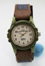 Timex Men Watch Green Plastic 50m Brown Blue Leather Light Date Beige Quartz