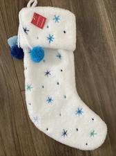 Wondershop Target Christmas Stocking White Fur Fleece Blue Stars Snowflakes NWT