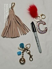 BLING KEYCHAIN tassels, Flashy Letter C w/ pom pom turquoise color heart keyring
