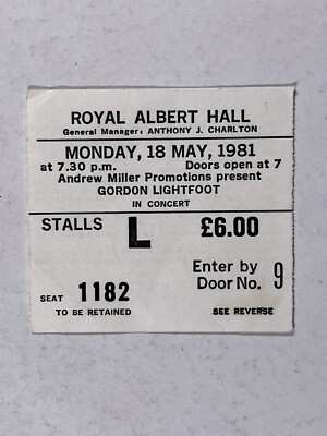 Gordon Lightfoot Konzertticket Original Royal Albert Hall Montag 18. Mai 1981